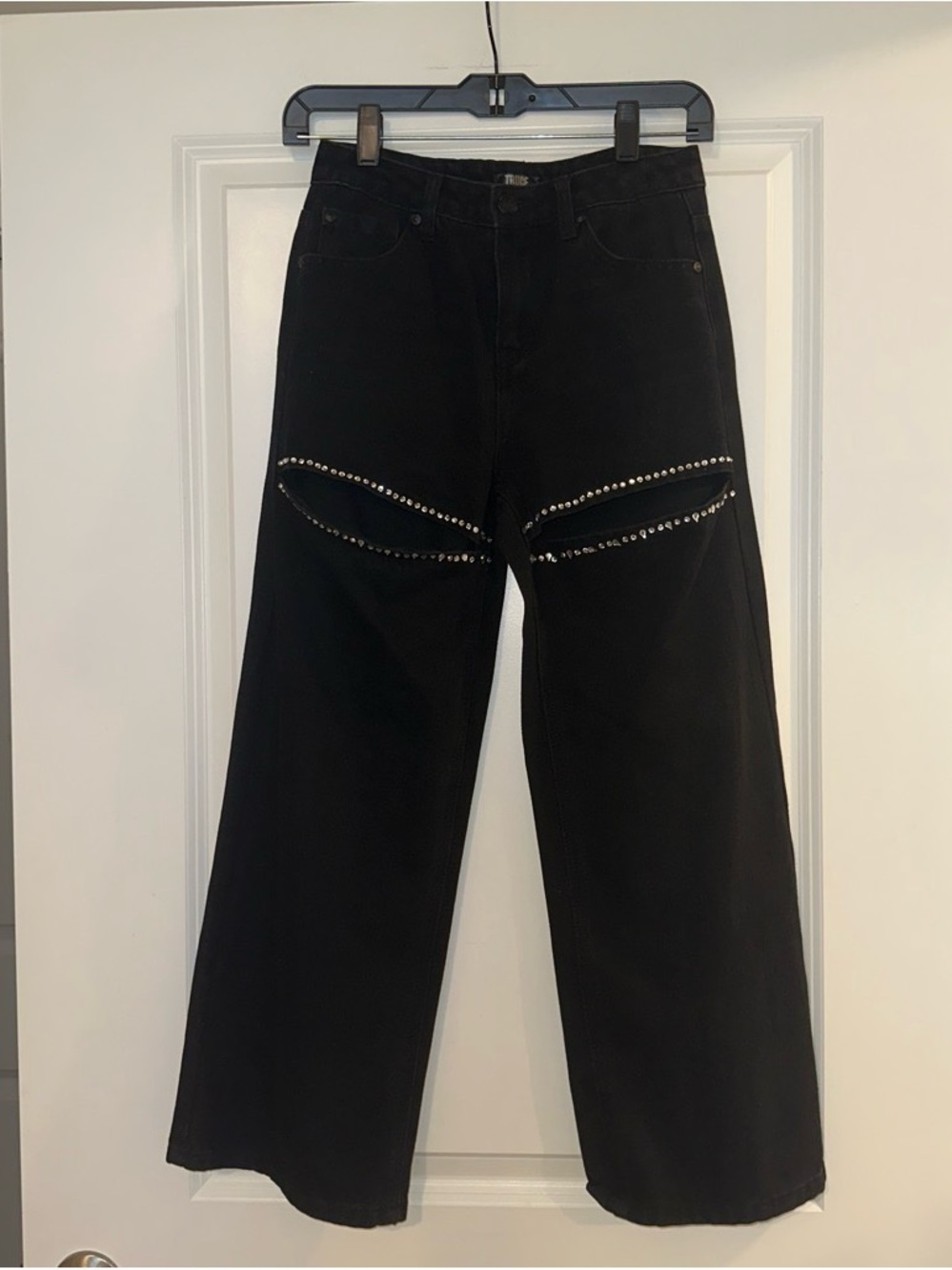 Black Kids Wide-Leg Jeans with Studded Knee Detail